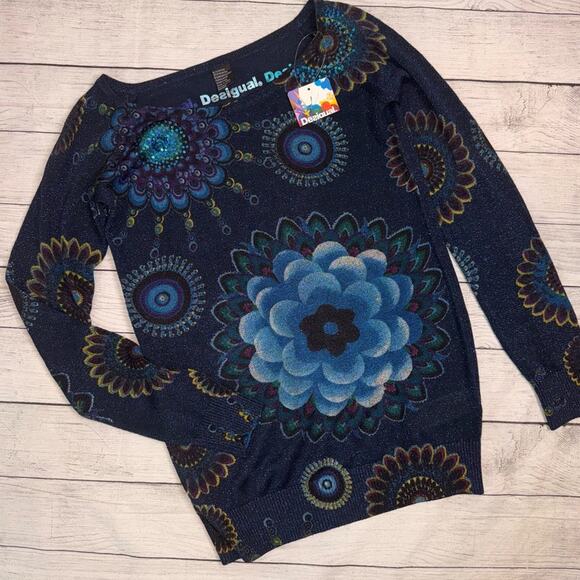 Desigual NWT Women's Lucke Knit Pullover Top Blue Floral Sparkle Size Small - Picture 3 of 10